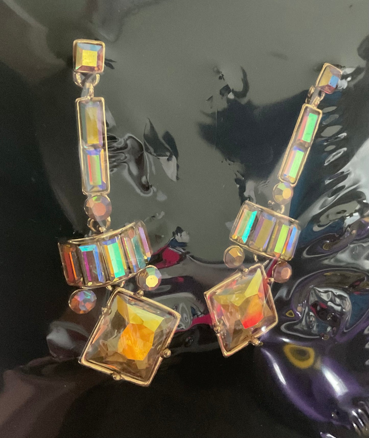 Butler and Wilson gold tone Art Deco dangle/drop earrings with aurora borealis Austrian crystals sealed in original box