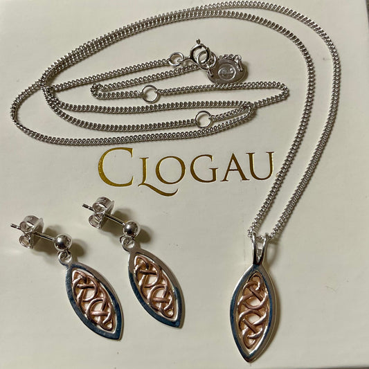 Clogau Queen Eleanor pendant 18-22” necklace and earrings set in silver and rose gold
