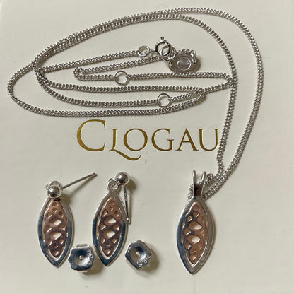 Clogau Queen Eleanor pendant 18-22” necklace and earrings set in silver and rose gold