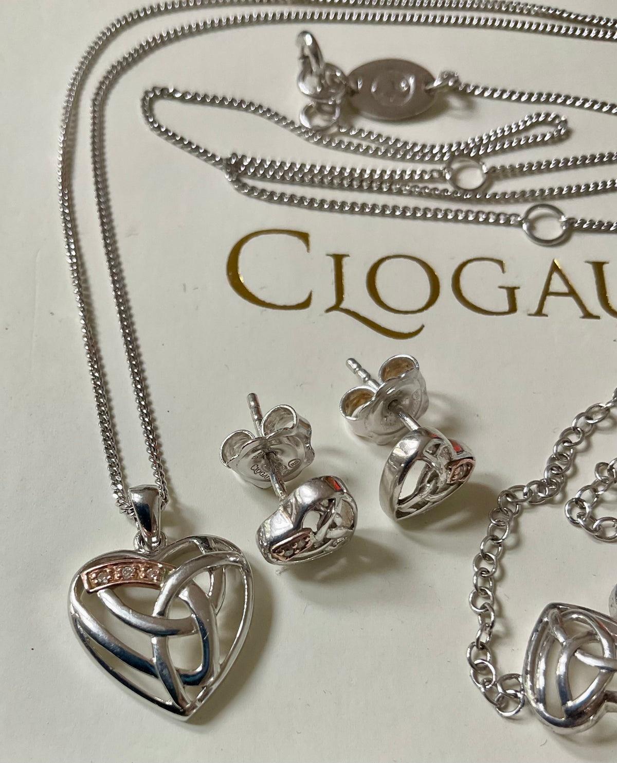 Clogau 925 Entwined Hearts Eternal Love Diamond Necklace (£100) Bracelet (£90) & Earrings (£85) set (250)