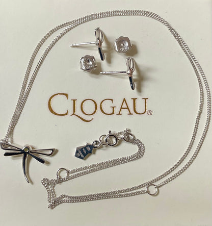 Clogau Damselfly Peridot 18-22” necklace and earrings set in silver and rose gold