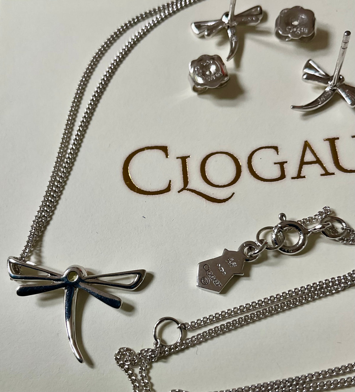 Clogau Damselfly Peridot 18-22” necklace and earrings set in silver and rose gold