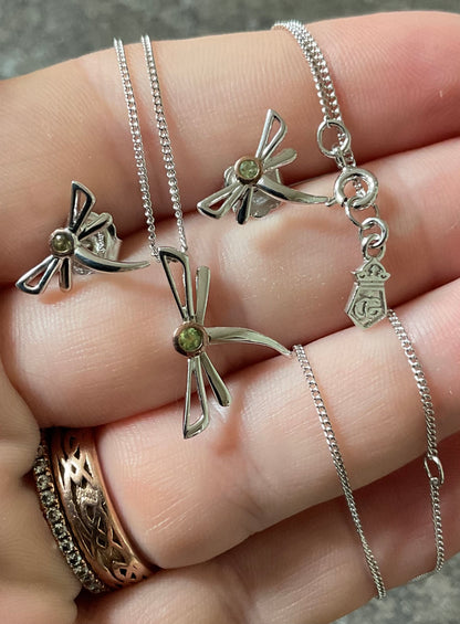 Clogau Damselfly Peridot 18-22” necklace and earrings set in silver and rose gold