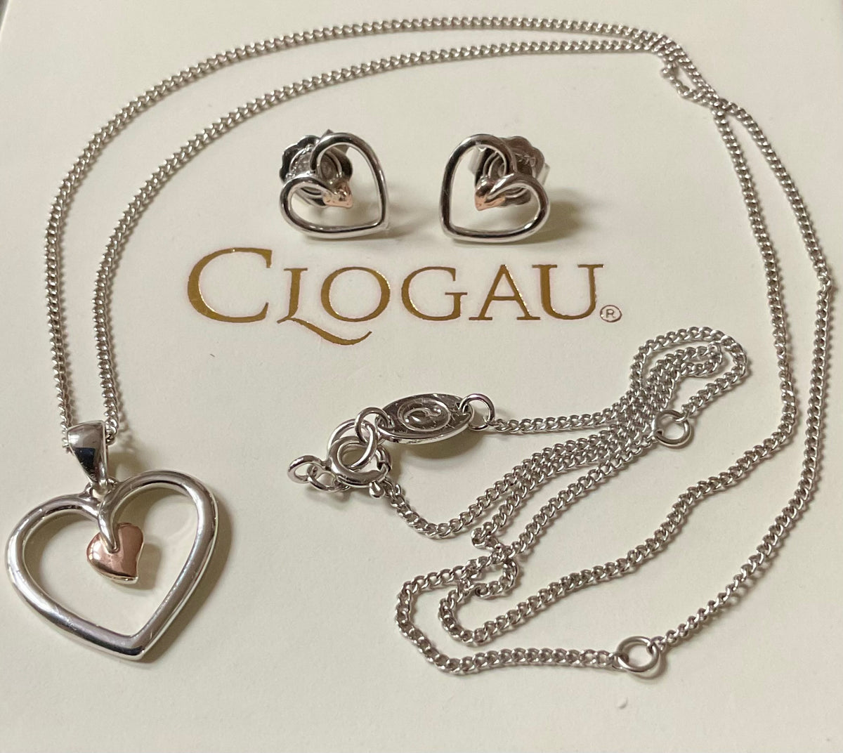 Clogau Tree of Life Heart 18-22” necklace (£100) and earrings (£90) set (£180) in silver & rose gold