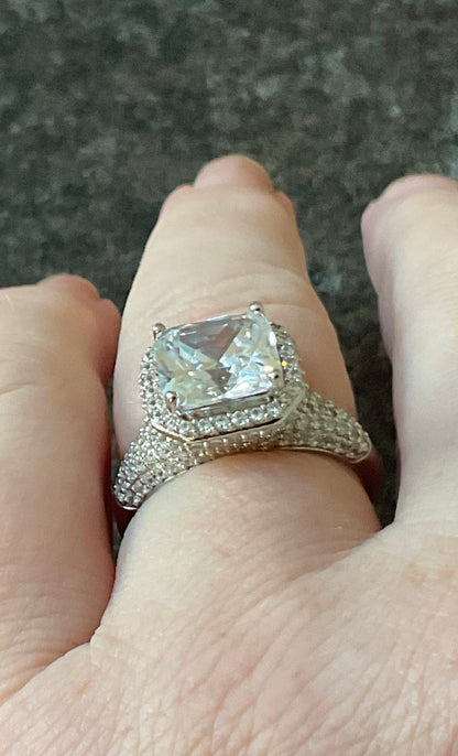 Michelle Mone 925 square cut CZ halo cluster ring size P sterling silver  QVC