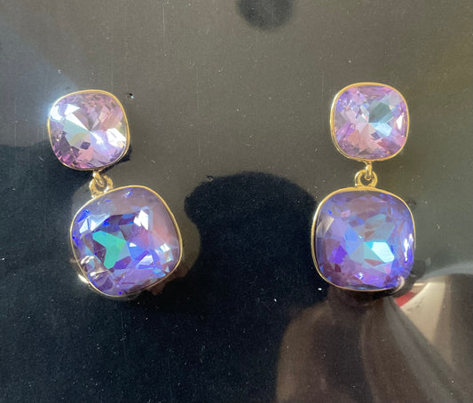 Butler and Wilson Square Crystal drop earrings in pink and purple still sealed in original box