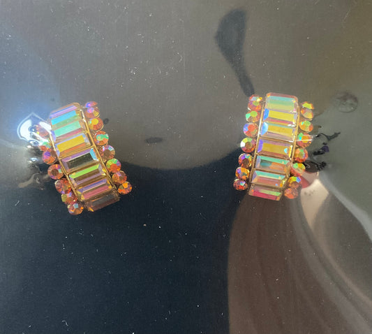 Butler and Wilson 80’s Crystal Curve earrings Gold aurora borealis earrings sealed in original box