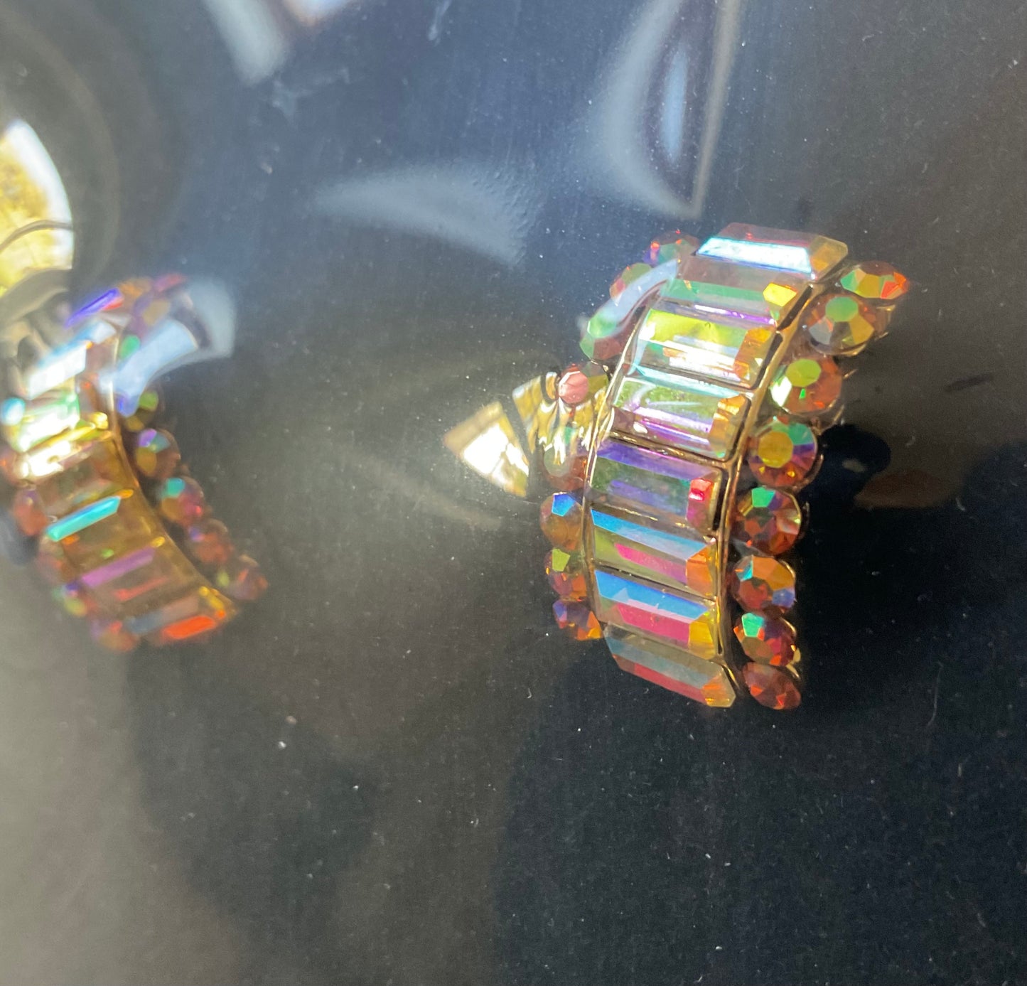 Butler and Wilson 80’s Crystal Curve earrings Gold aurora borealis earrings sealed in original box