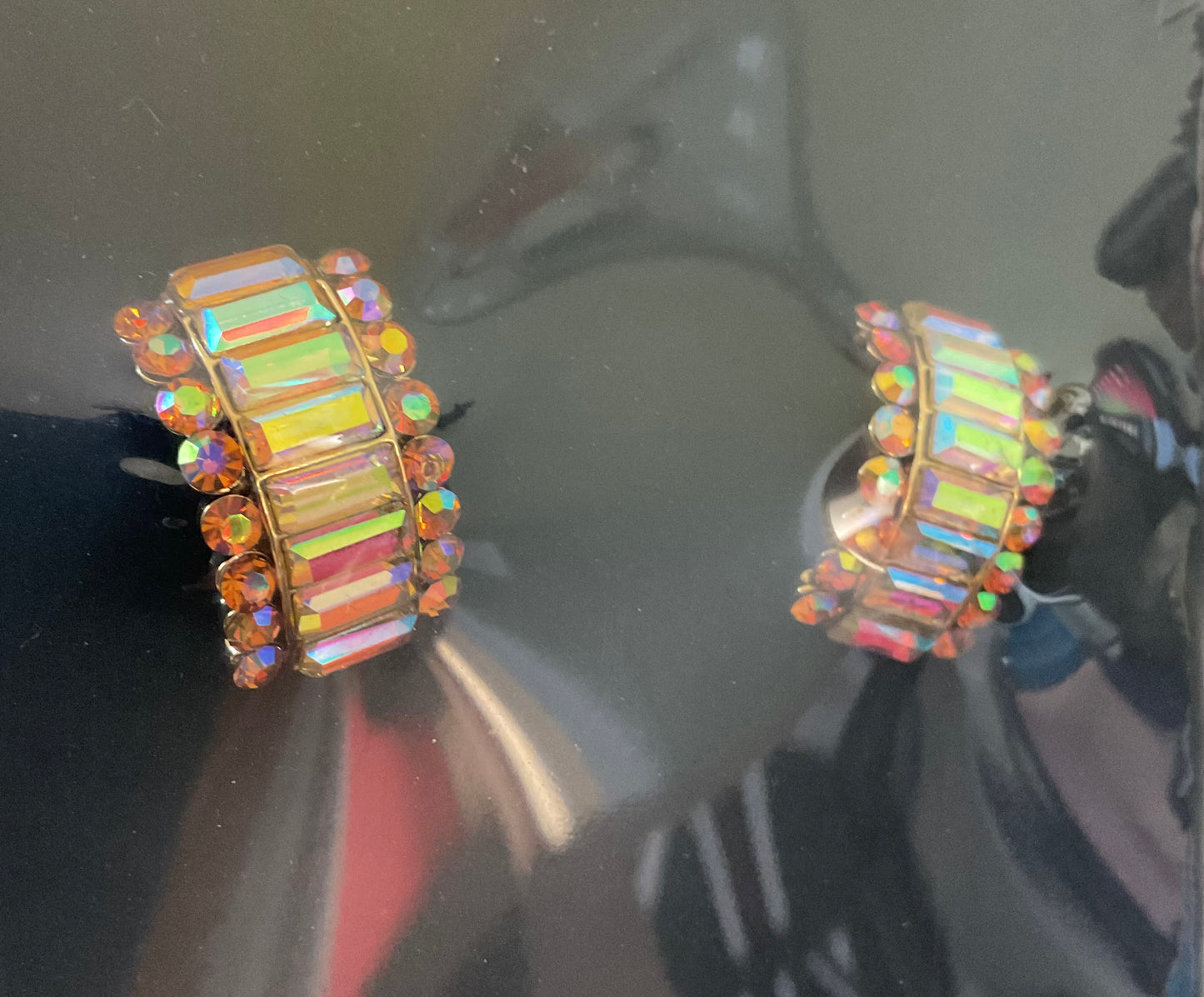 Butler and Wilson 80’s Crystal Curve earrings Gold aurora borealis earrings sealed in original box