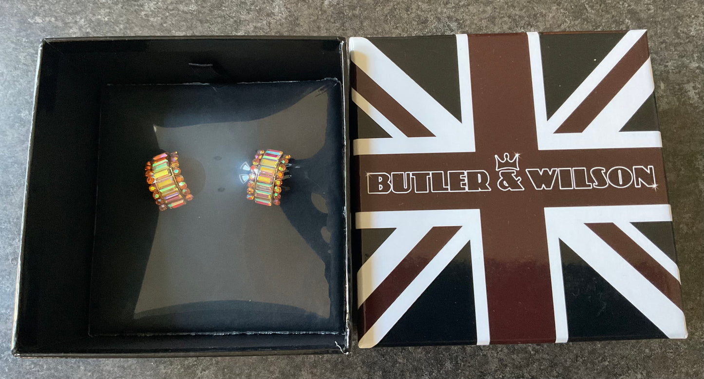 Butler and Wilson 80’s Crystal Curve earrings Gold aurora borealis earrings sealed in original box