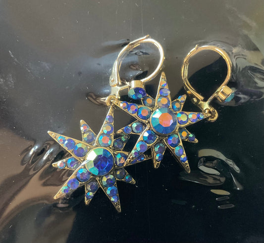 Butler and Wilson Blue Crystal Starburst drop earrings sealed in original box