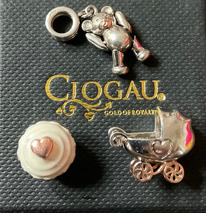 Clogau Milestones bead charms: Baby pram carriage, Enamel Heart Cupcake, Articulated Teddy Bear in silver & rose gold