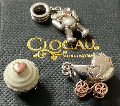 Clogau Milestones bead charms: Baby pram carriage, Enamel Heart Cupcake, Articulated Teddy Bear in silver & rose gold