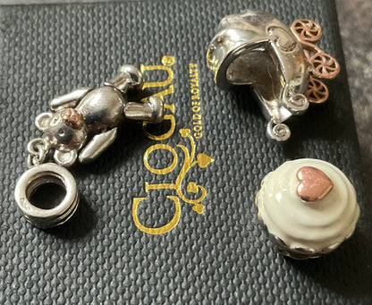 Clogau Milestones bead charms: Baby pram carriage, Enamel Heart Cupcake, Articulated Teddy Bear in silver & rose gold