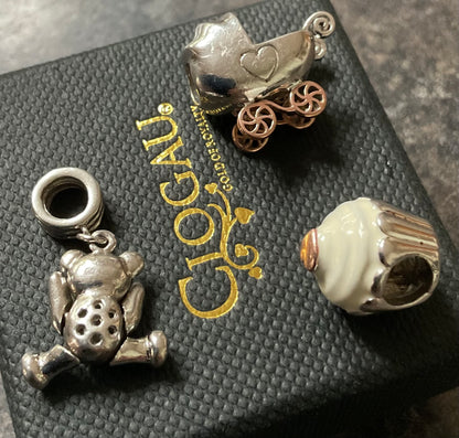 Clogau Milestones bead charms: Baby pram carriage, Enamel Heart Cupcake, Articulated Teddy Bear in silver & rose gold