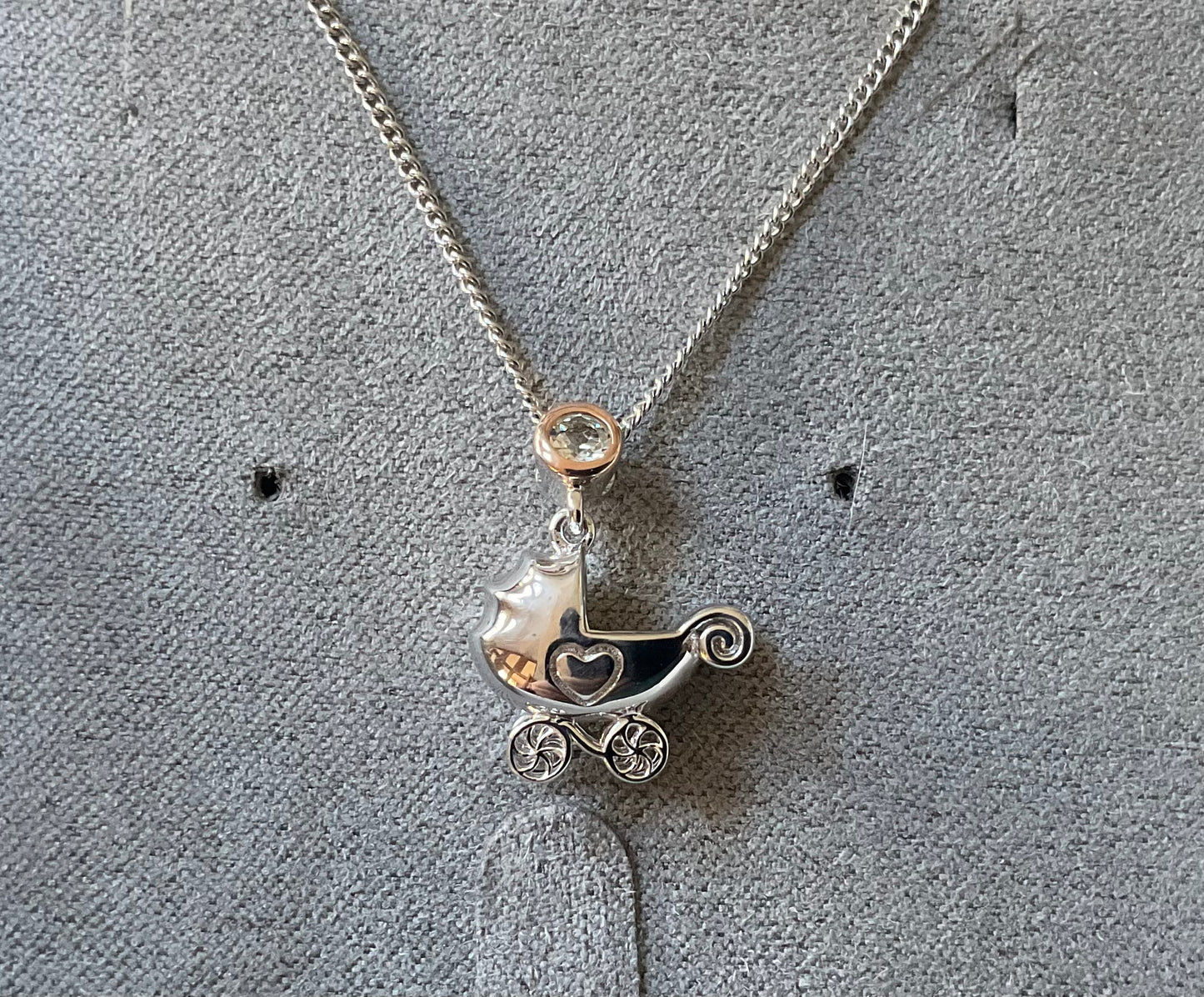 Rare Clogau Carriage Pram necklace topaz silver and rose gold 16-18”