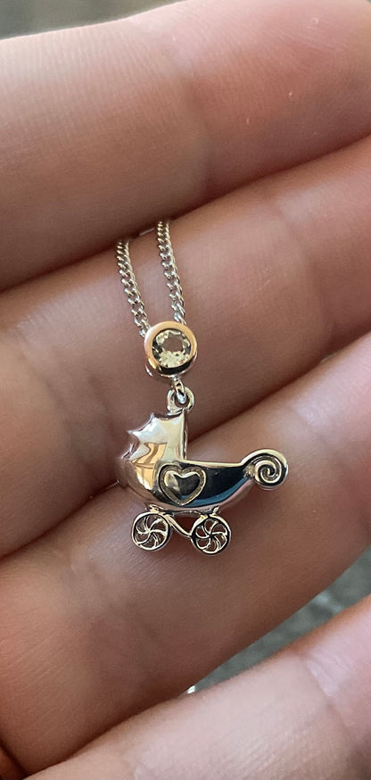 Rare Clogau Carriage Pram necklace topaz silver and rose gold 16-18”