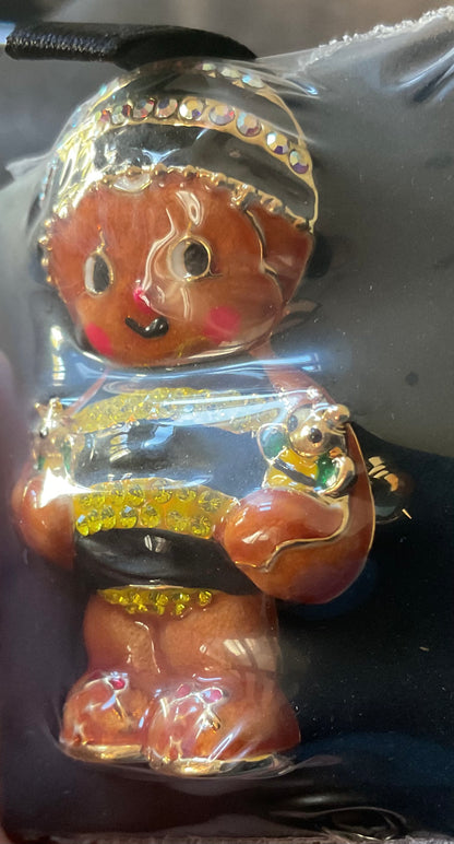 Butler and Wilson enamel and crystal Gingerbread Man brooch gold tone sealed in original box