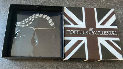 Butler and Wilson black and clear crystal triple row silver tone adjustable bracelet sealed in original box