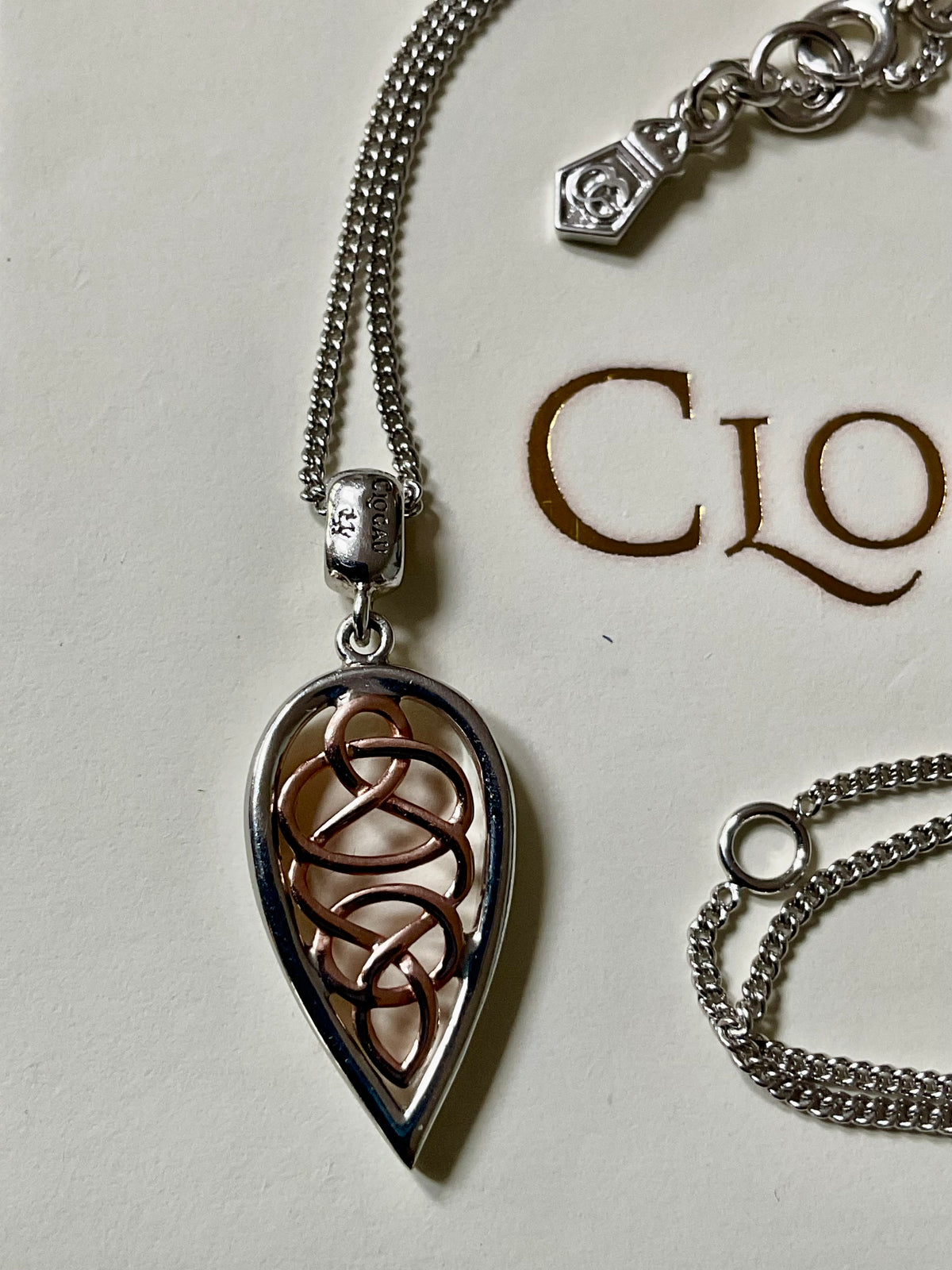 Clogau Welsh Royalty Teardrop 18-22” pendant necklace in silver and rose gold