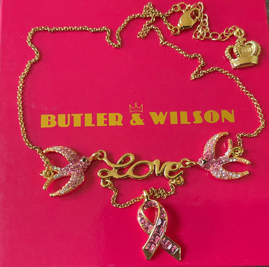Butler and Wilson Pink Crystal Ribbon necklace with Swallows carrying the word ‘Love’