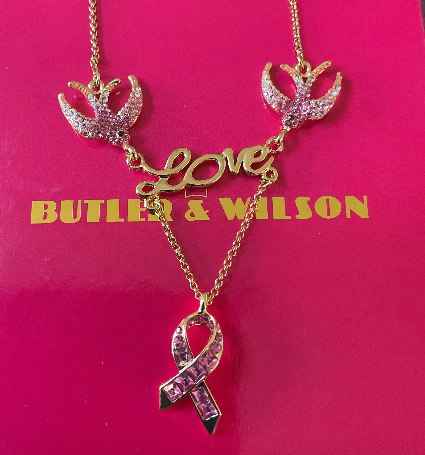 Butler and Wilson Pink Crystal Ribbon necklace with Swallows carrying the word ‘Love’