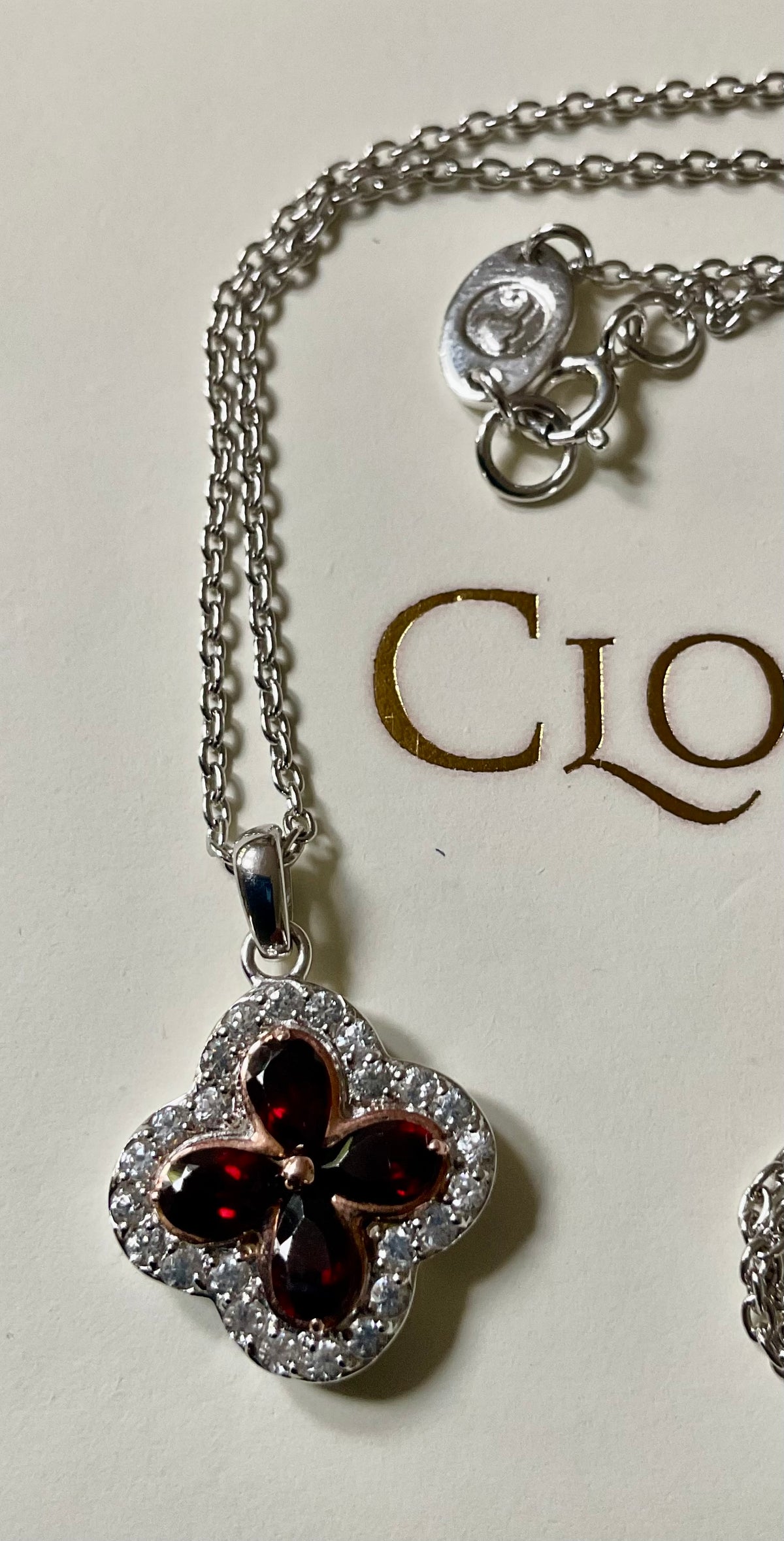 Clogau Tudor Court Garnet and White Topaz pendant 18-22” necklace in silver and rose gold