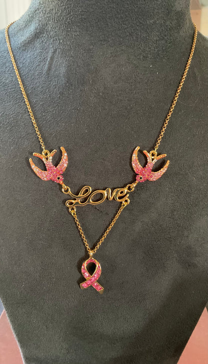 Butler and Wilson Pink Crystal Ribbon necklace with Swallows carrying the word ‘Love’