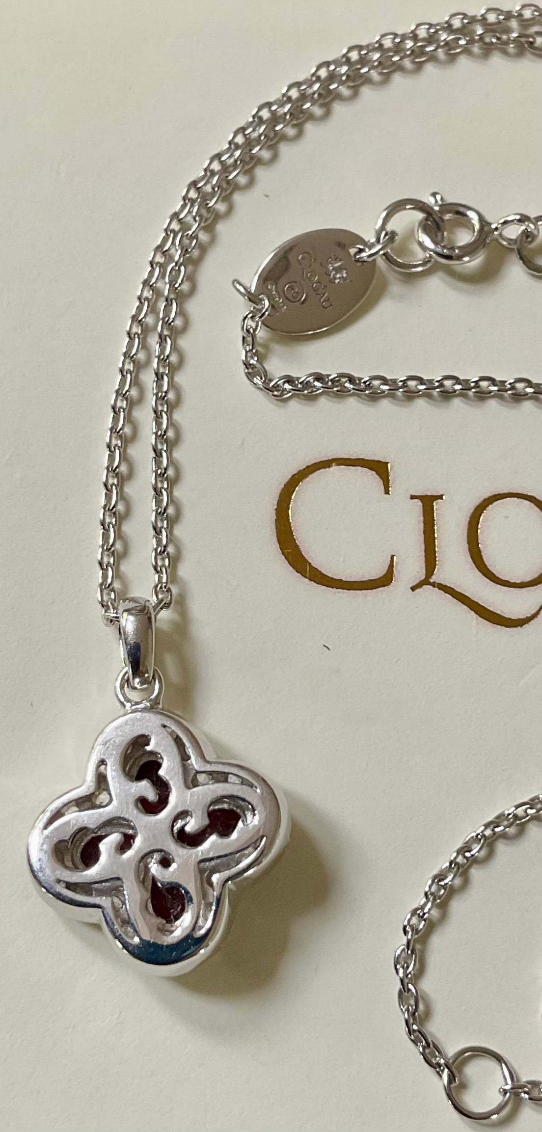 Clogau Tudor Court Garnet and White Topaz pendant 18-22” necklace in silver and rose gold