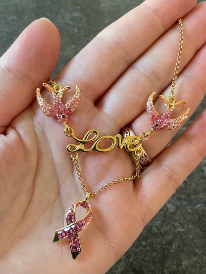 Butler and Wilson Pink Crystal Ribbon necklace with Swallows carrying the word ‘Love’