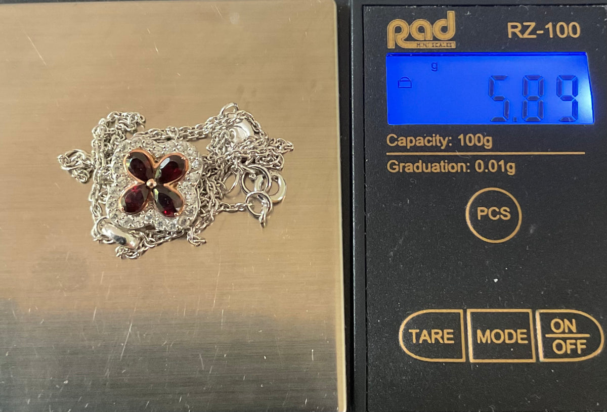 Clogau Tudor Court Garnet and White Topaz pendant 18-22” necklace in silver and rose gold