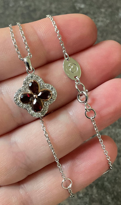 Clogau Tudor Court Garnet and White Topaz pendant 18-22” necklace in silver and rose gold