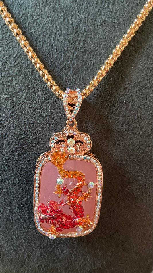 Butler and Wilson Chinese Dragon necklace with pink stone, crystals and enamel in rose gold tone with box