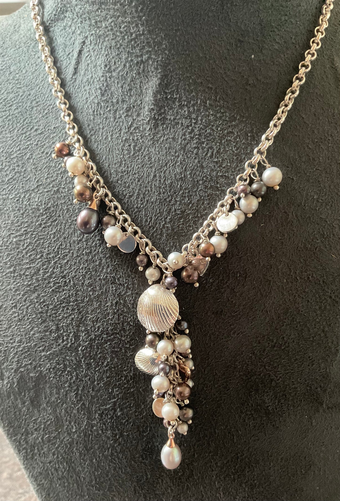 Clogau Beachcomber Black (peacock) and Grey Pearl Y-drop necklace in silver and rose gold 16”