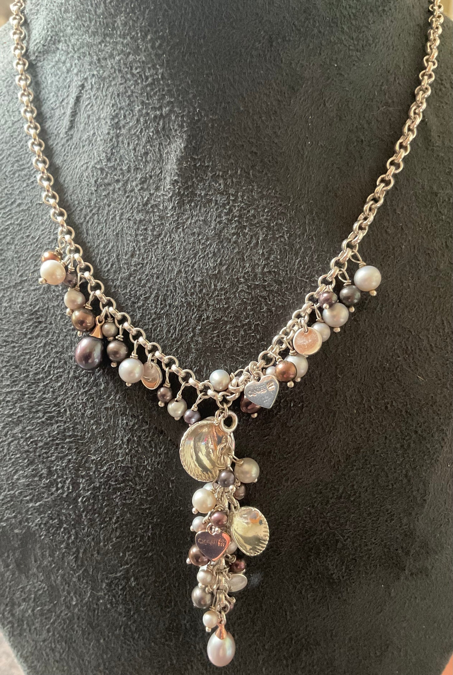 Clogau Beachcomber Black (peacock) and Grey Pearl Y-drop necklace in silver and rose gold 16”