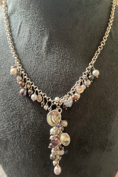 Clogau Beachcomber Black (peacock) and Grey Pearl Y-drop necklace in silver and rose gold 16”