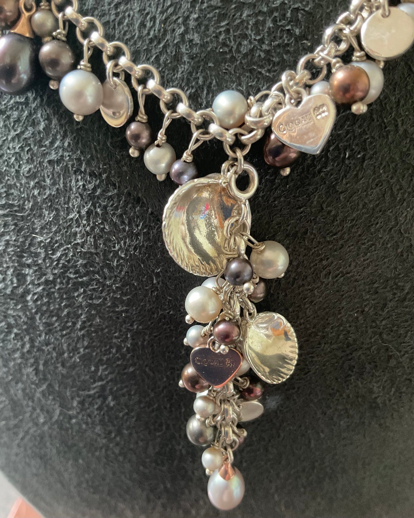 Clogau Beachcomber Black (peacock) and Grey Pearl Y-drop necklace in silver and rose gold 16”