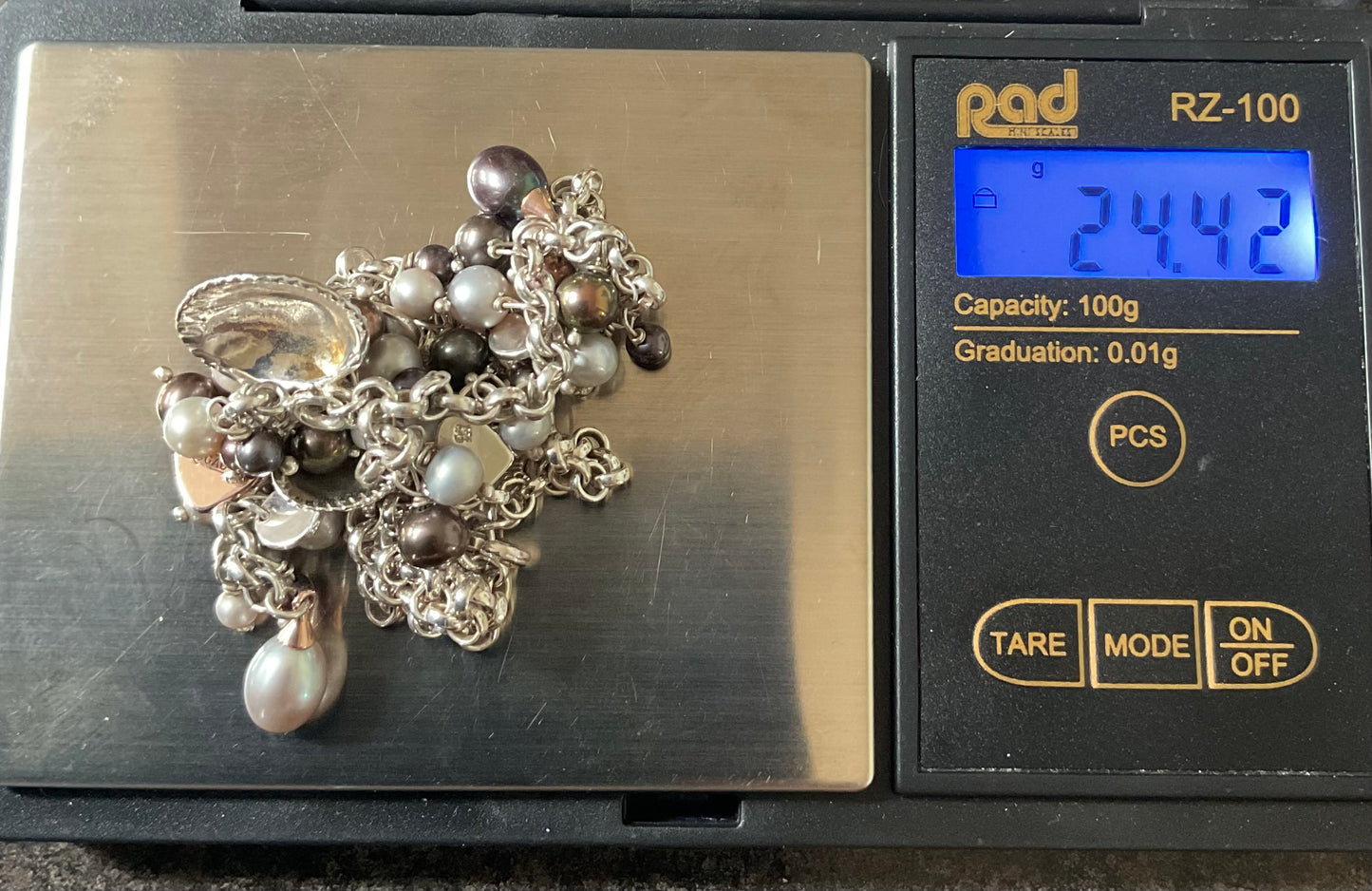 Clogau Beachcomber Black (peacock) and Grey Pearl Y-drop necklace in silver and rose gold 16”