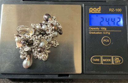 Clogau Beachcomber Black (peacock) and Grey Pearl Y-drop necklace in silver and rose gold 16”
