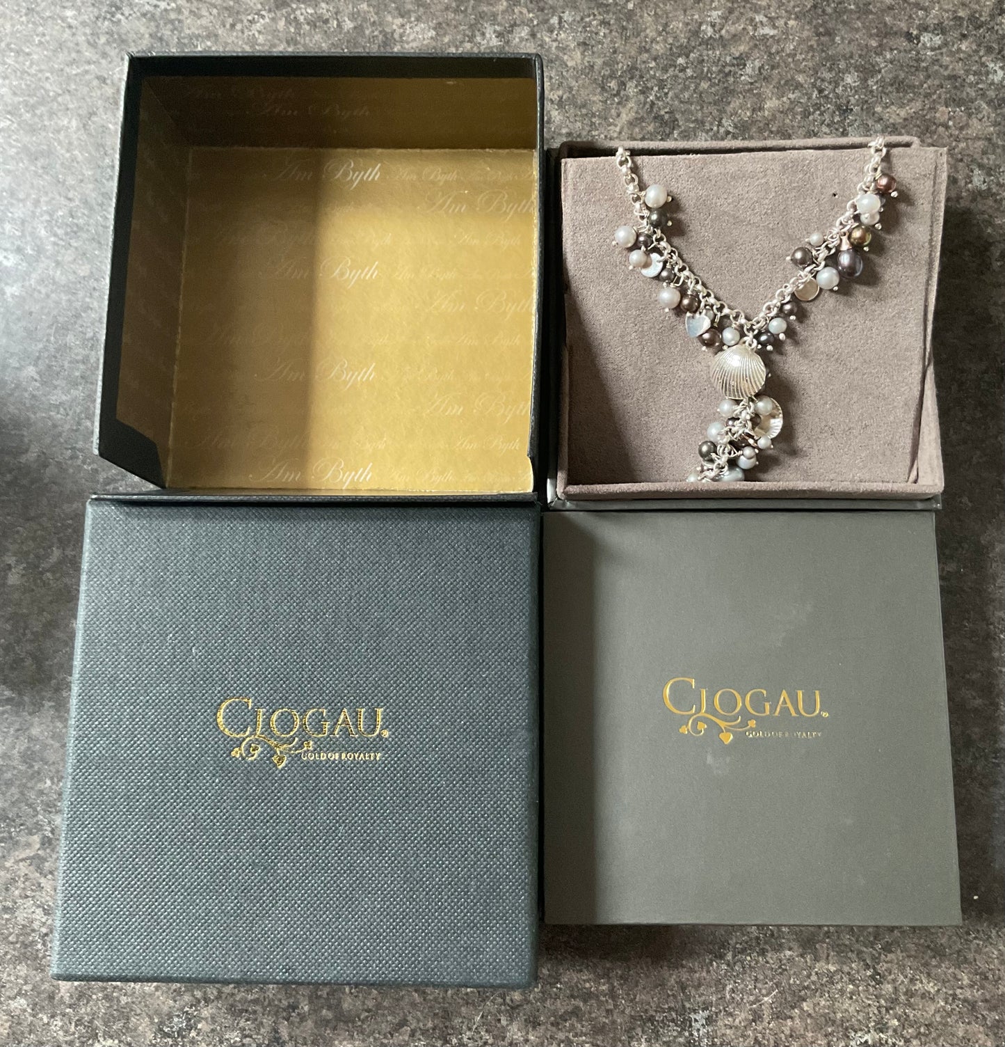 Clogau Beachcomber Black (peacock) and Grey Pearl Y-drop necklace in silver and rose gold 16”