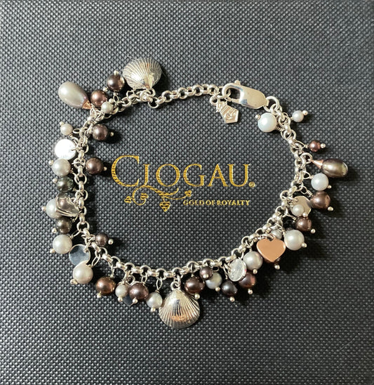 Clogau Beachcomber grey and black (peacock) pearl bracelet silver and rose gold 7”