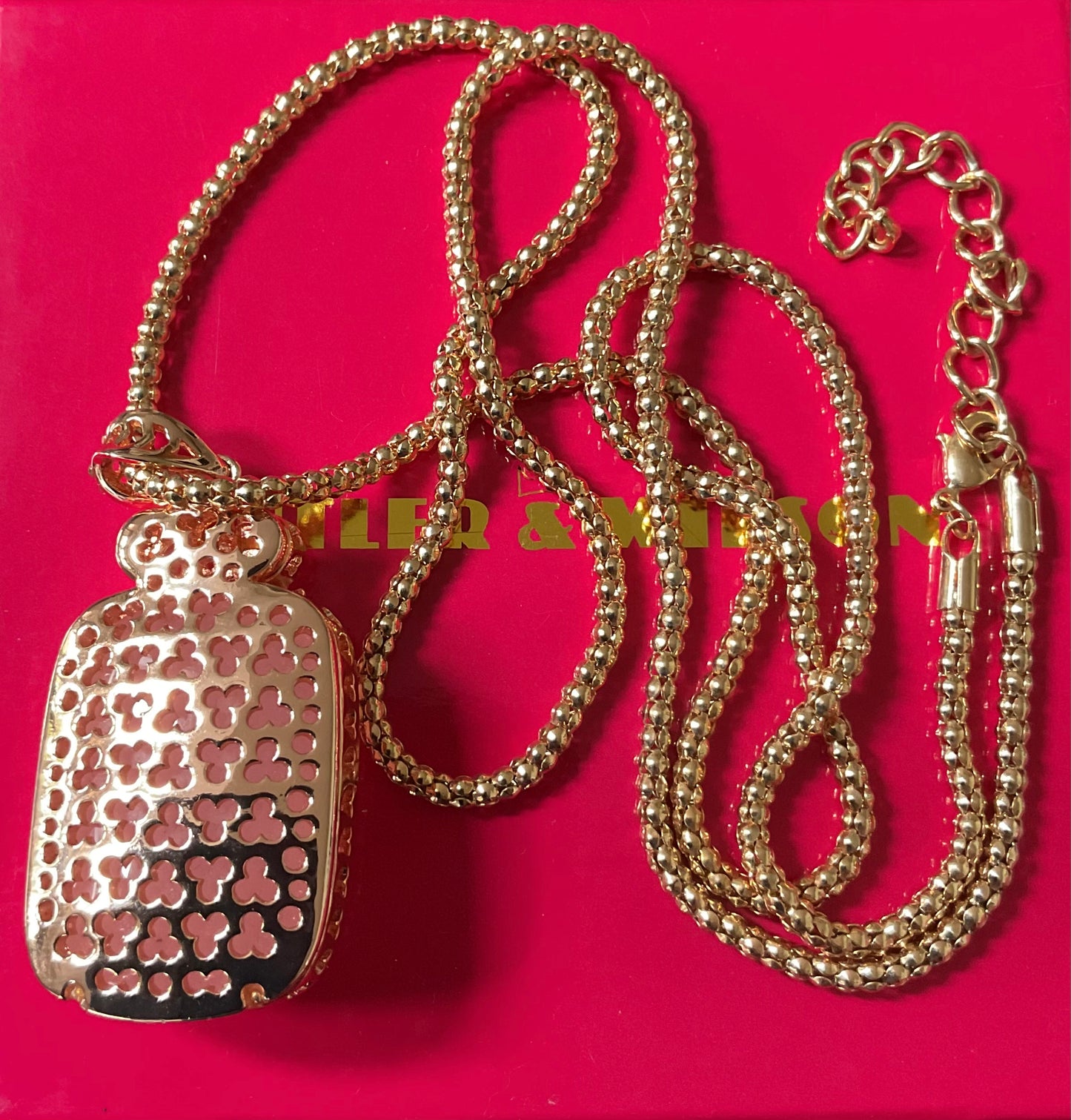 Butler and Wilson Chinese Dragon necklace with pink stone, crystals and enamel in rose gold tone with box