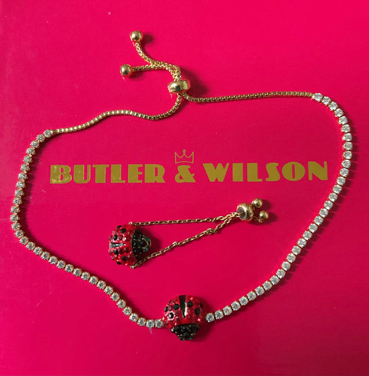 Butler and Wilson Adjustable friendship Ladybird bracelet and ring set with red and black crystals in box