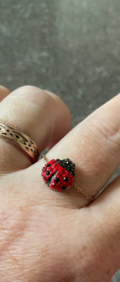 Butler and Wilson Adjustable friendship Ladybird bracelet and ring set with red and black crystals in box