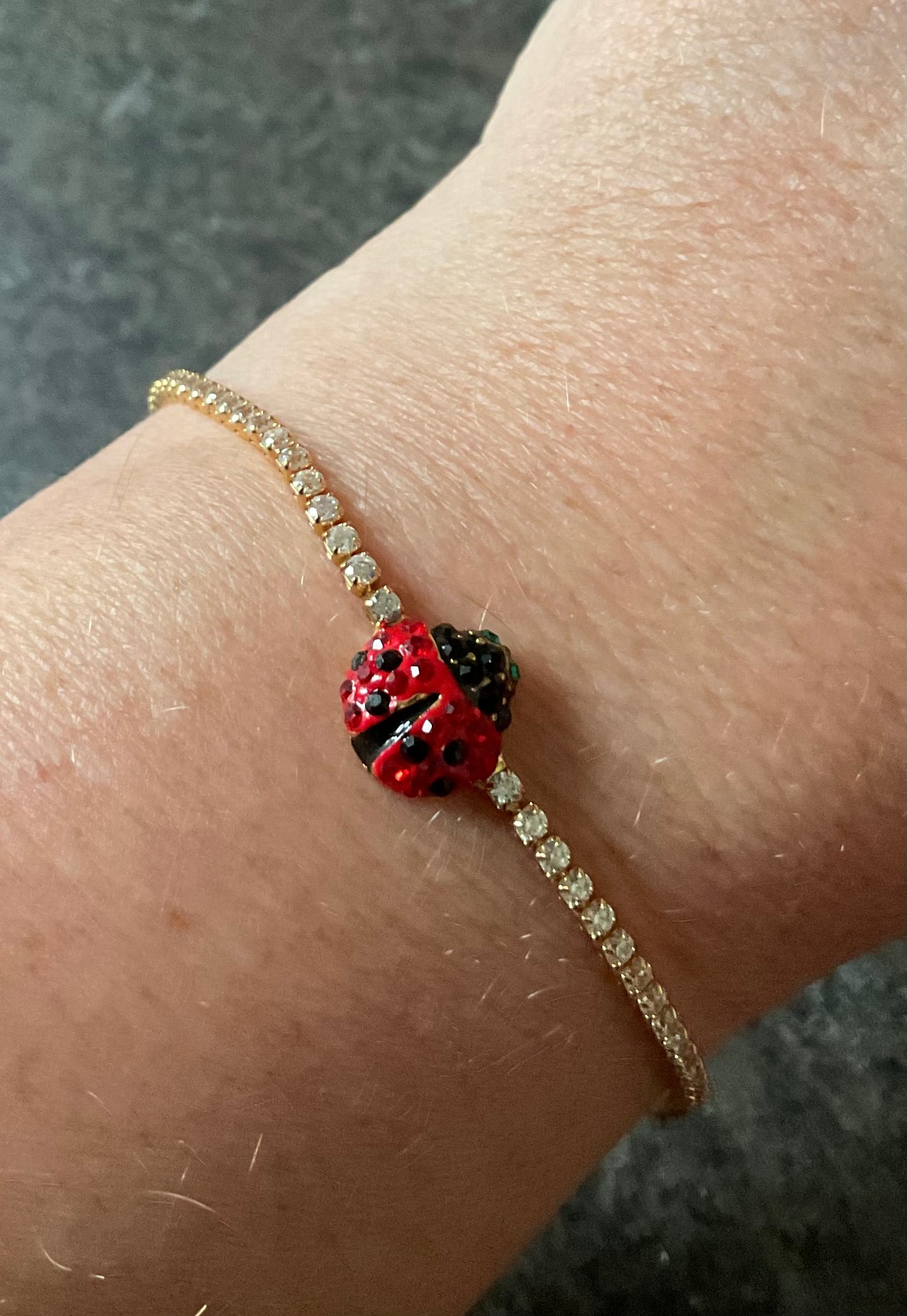 Butler and Wilson Adjustable friendship Ladybird bracelet and ring set with red and black crystals in box