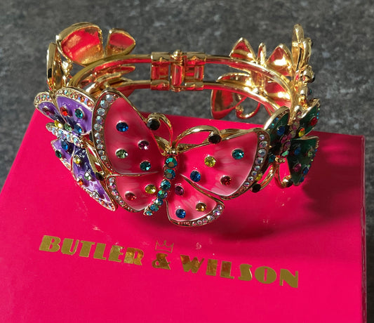 Butler and Wilson Multicoloured enamel butterfly hinged bangle with multicoloured crystals in box