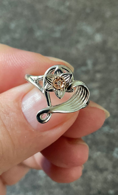 Clogau Daffodil Heart Diamond ring size M in silver and rose gold
