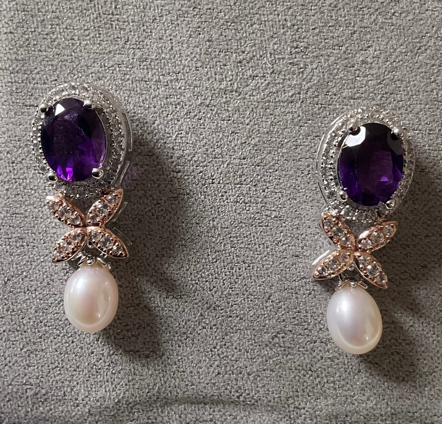 Clogau Superbloom Amethyst Pearl drop earrings in silver and rose gold New!