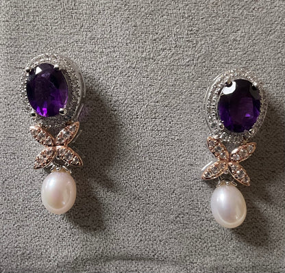 Clogau Superbloom Amethyst Pearl drop earrings in silver and rose gold New!