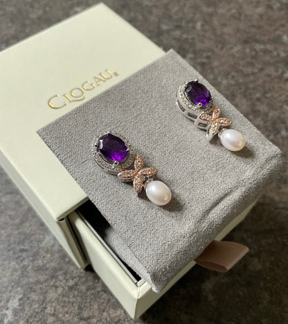 Clogau Superbloom Amethyst Pearl drop earrings in silver and rose gold New!
